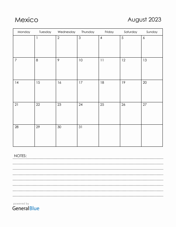 August 2023 Mexico Calendar with Holidays (Monday Start)