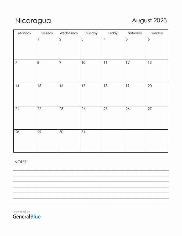 August 2023 Nicaragua Calendar with Holidays (Monday Start)