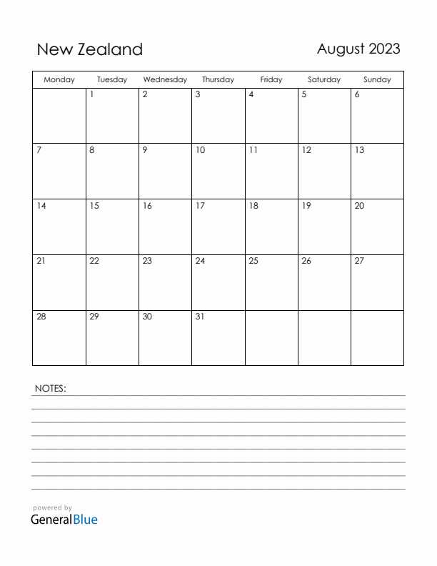 August 2023 New Zealand Calendar with Holidays (Monday Start)
