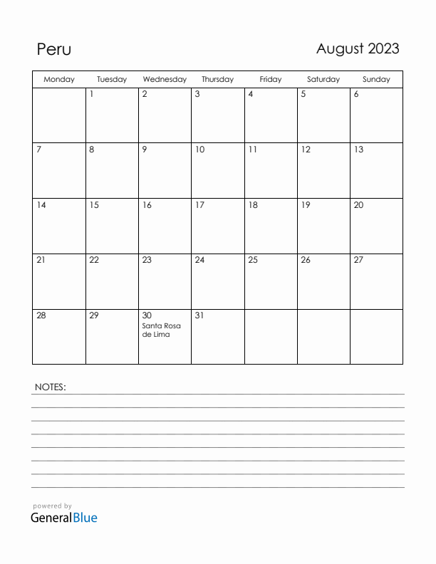 August 2023 Peru Calendar with Holidays (Monday Start)