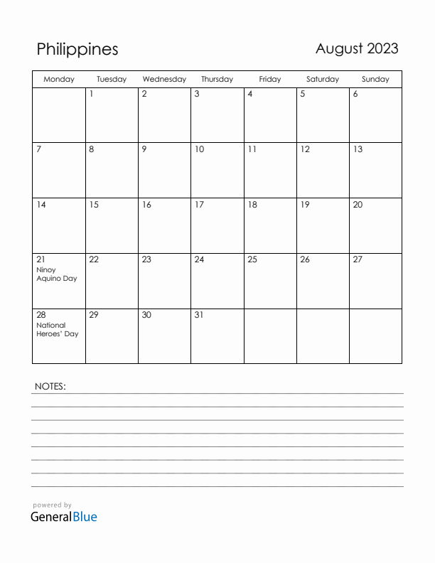 August 2023 Philippines Calendar with Holidays (Monday Start)
