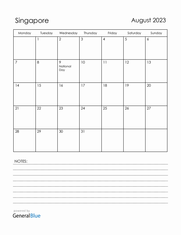 August 2023 Singapore Calendar with Holidays (Monday Start)