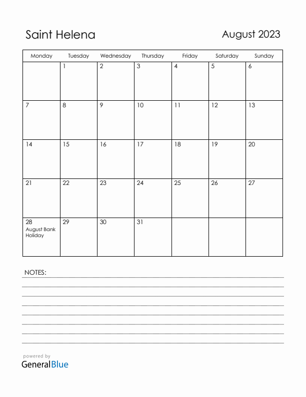 August 2023 Saint Helena Calendar with Holidays (Monday Start)