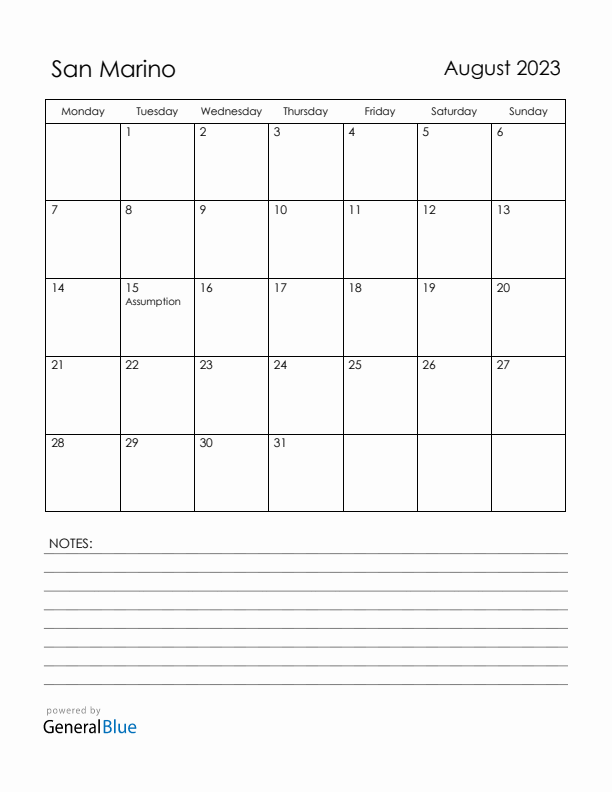 August 2023 San Marino Calendar with Holidays (Monday Start)