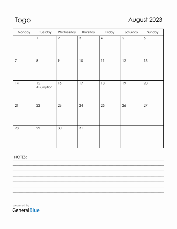 August 2023 Togo Calendar with Holidays (Monday Start)