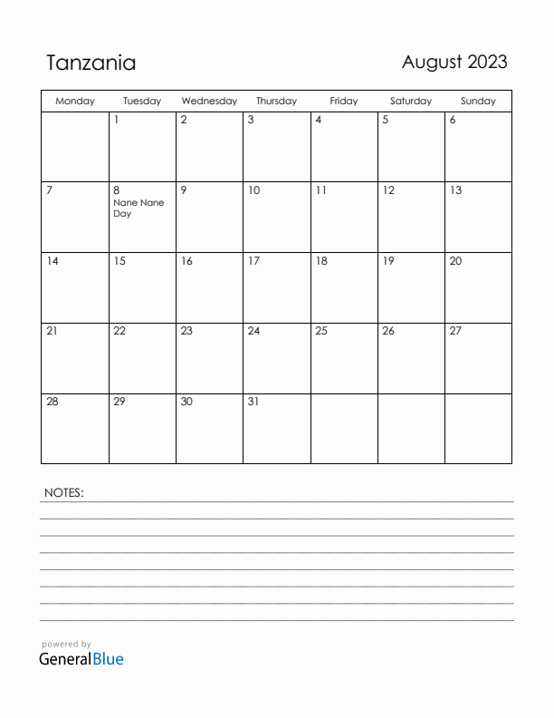 August 2023 Tanzania Calendar with Holidays (Monday Start)