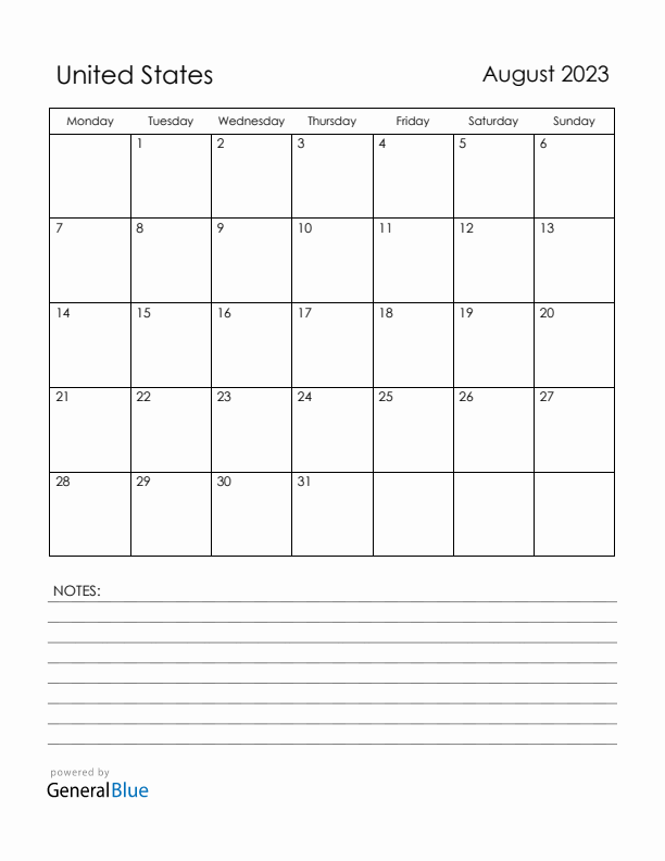 August 2023 United States Calendar with Holidays (Monday Start)