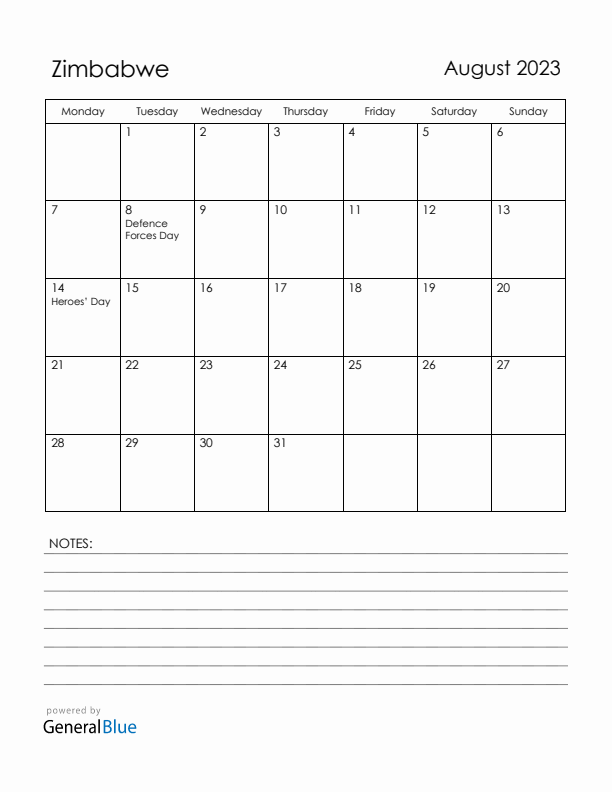 August 2023 Zimbabwe Calendar with Holidays (Monday Start)