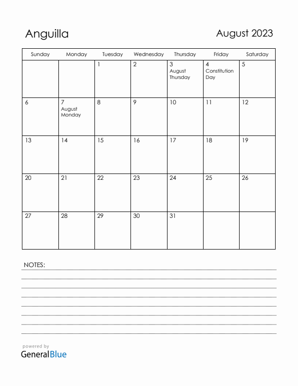 August 2023 Anguilla Calendar with Holidays (Sunday Start)