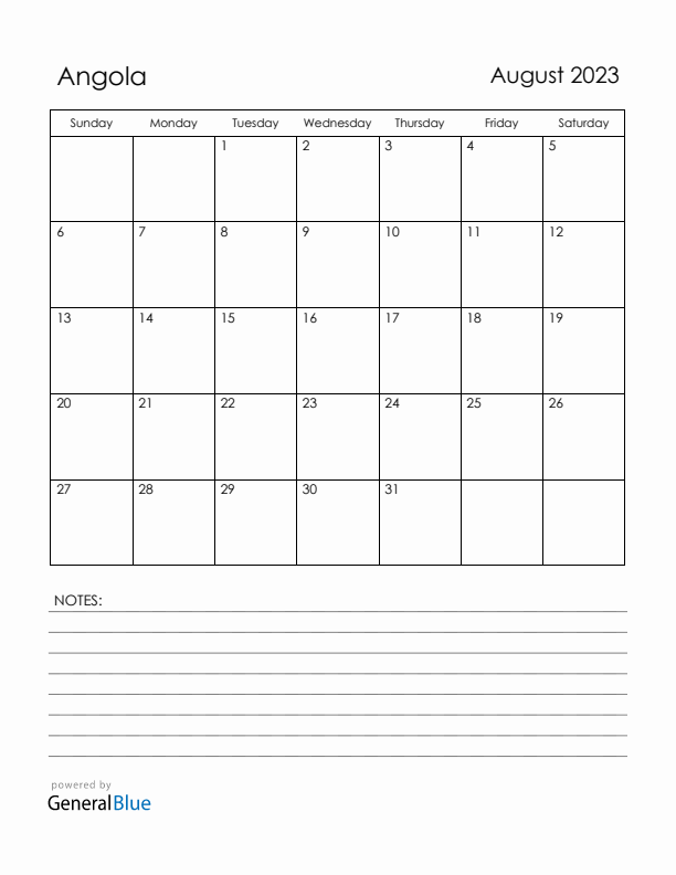 August 2023 Angola Calendar with Holidays (Sunday Start)