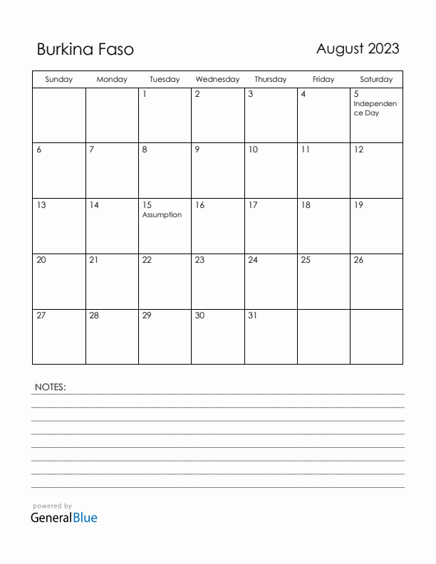 August 2023 Burkina Faso Calendar with Holidays (Sunday Start)
