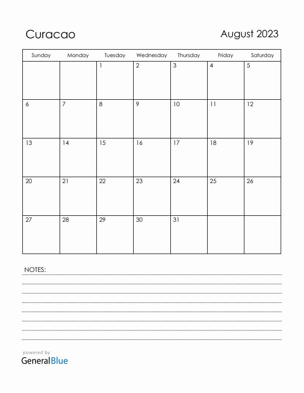 August 2023 Curacao Calendar with Holidays (Sunday Start)