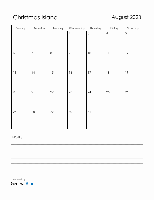 August 2023 Christmas Island Calendar with Holidays (Sunday Start)