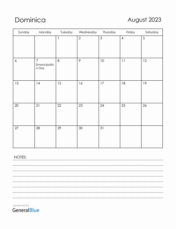 August 2023 Dominica Calendar with Holidays (Sunday Start)