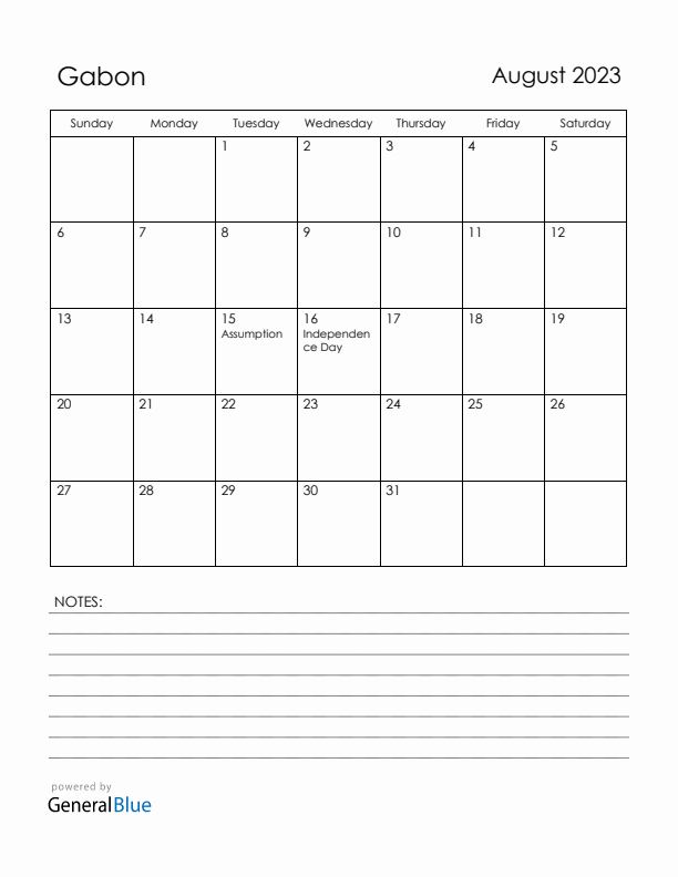 August 2023 Gabon Calendar with Holidays (Sunday Start)