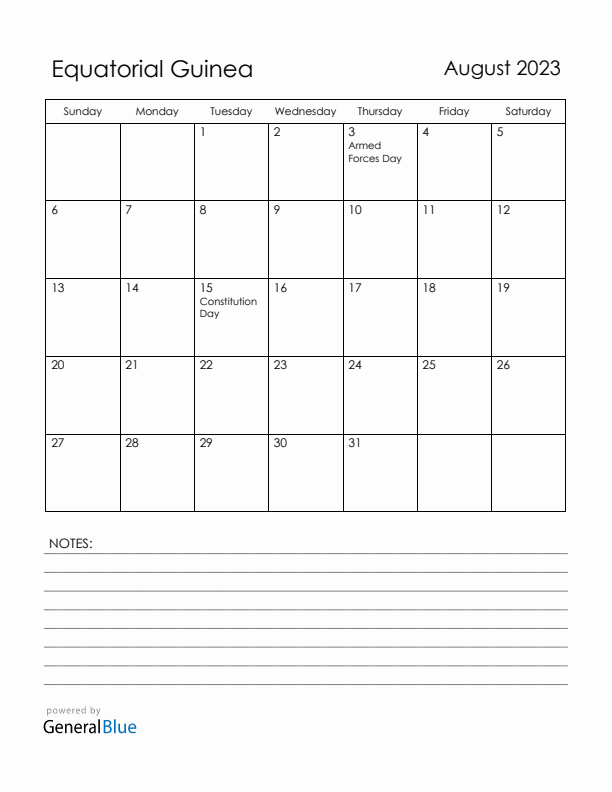 August 2023 Equatorial Guinea Calendar with Holidays (Sunday Start)