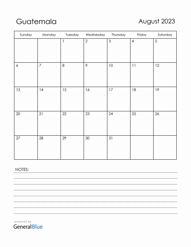 August 2023 Guatemala Calendar with Holidays (Sunday Start)
