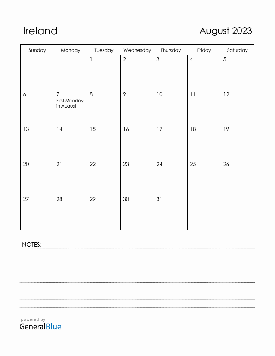 August 2023 Ireland Calendar with Holidays
