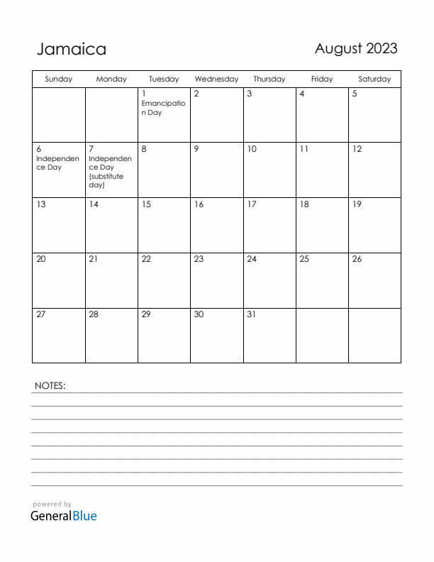 August 2023 Jamaica Calendar with Holidays (Sunday Start)