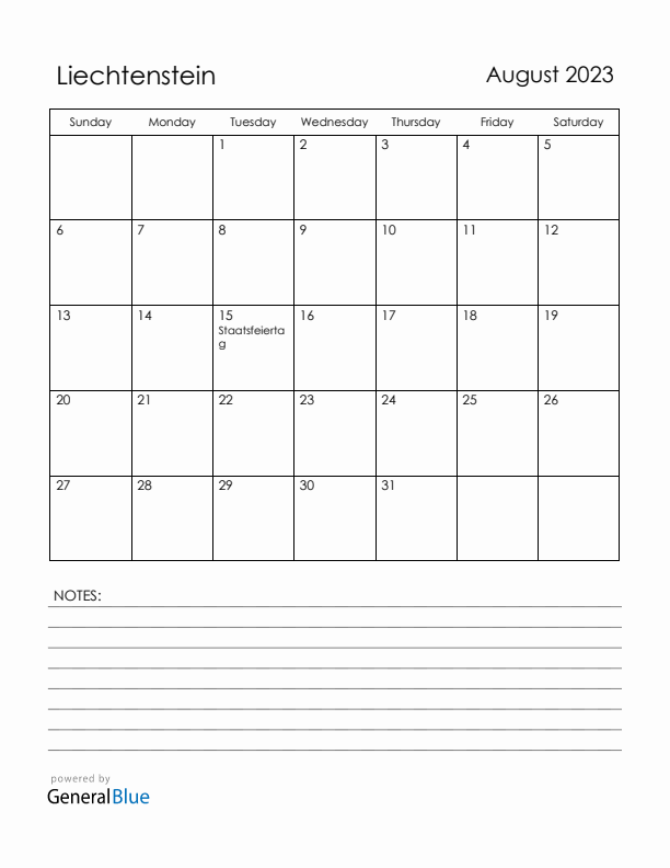 August 2023 Liechtenstein Calendar with Holidays (Sunday Start)