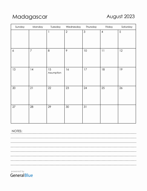 August 2023 Madagascar Calendar with Holidays (Sunday Start)