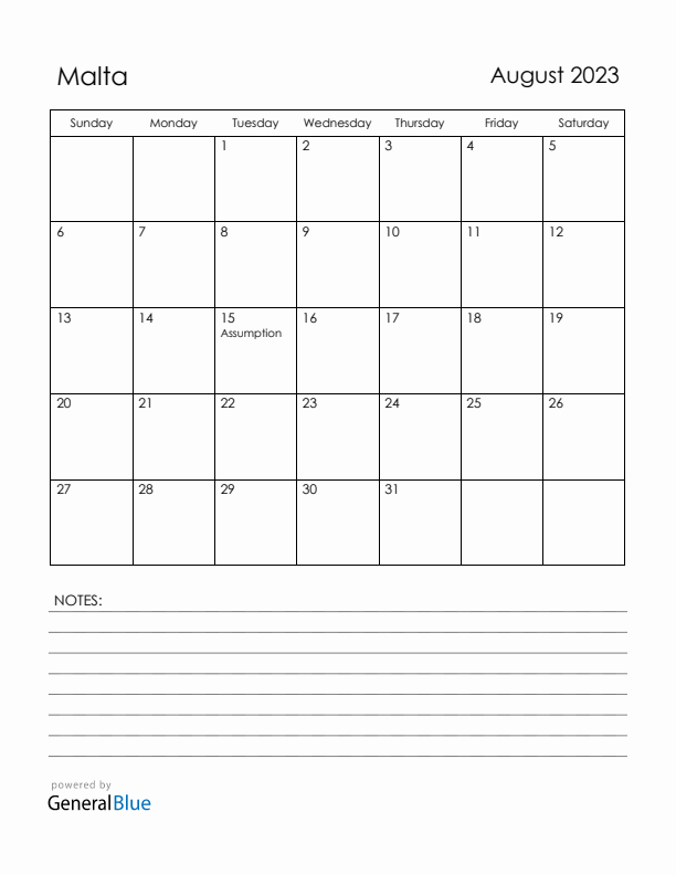 August 2023 Malta Calendar with Holidays (Sunday Start)