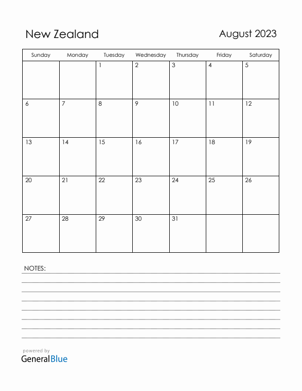 August 2023 New Zealand Calendar with Holidays (Sunday Start)