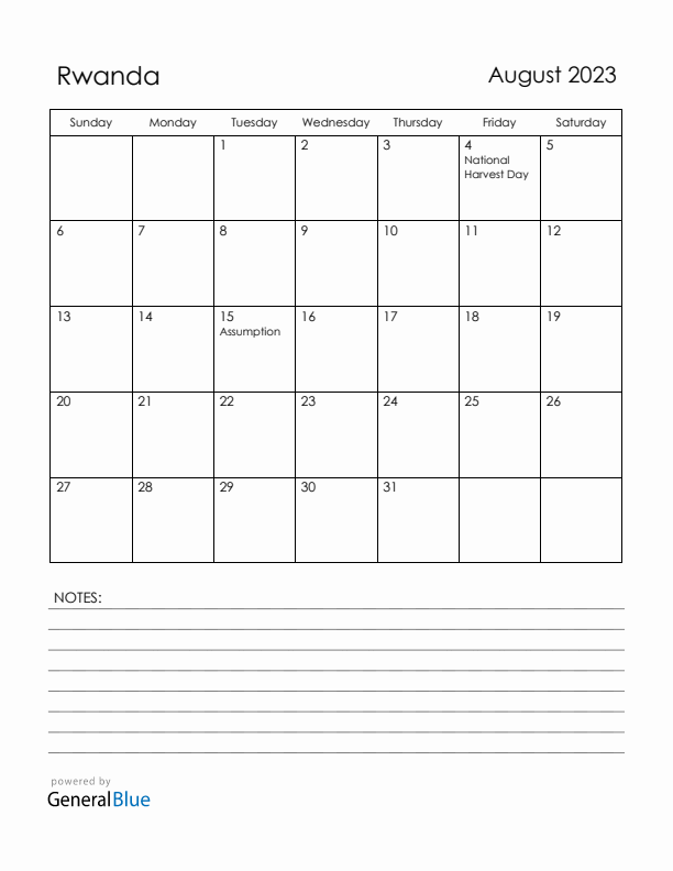 August 2023 Rwanda Calendar with Holidays (Sunday Start)