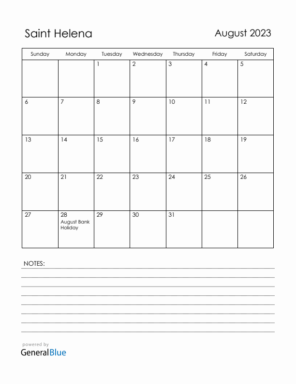 August 2023 Saint Helena Calendar with Holidays (Sunday Start)