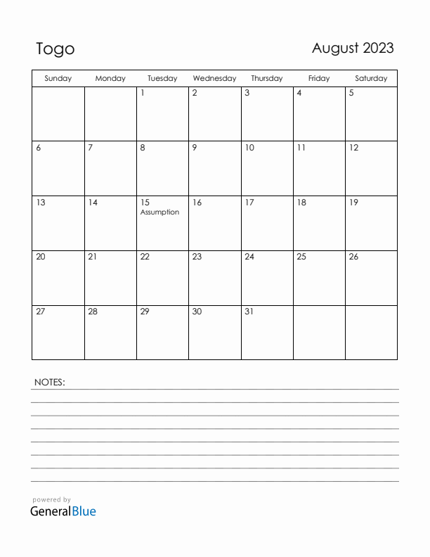 August 2023 Togo Calendar with Holidays (Sunday Start)
