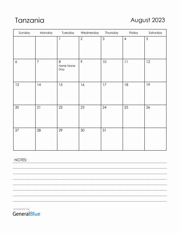 August 2023 Tanzania Calendar with Holidays (Sunday Start)