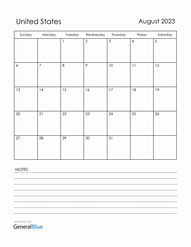 August 2023 United States Calendar with Holidays (Sunday Start)