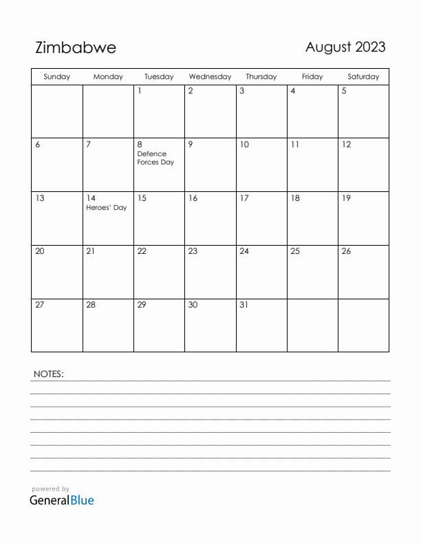 August 2023 Zimbabwe Calendar with Holidays (Sunday Start)