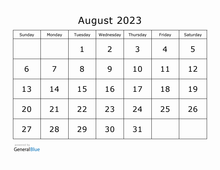 Printable August 2023 Calendar - Sunday Start