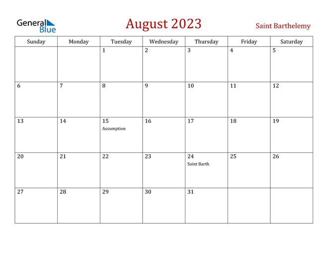 Saint Barthelemy August 2023 Calendar
