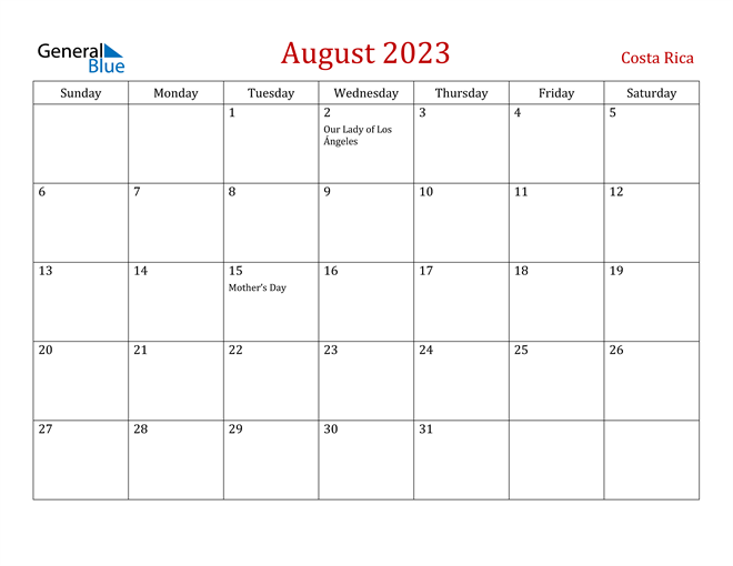 Costa Rica August 2023 Calendar