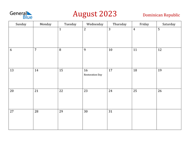 Dominican Republic August 2023 Calendar