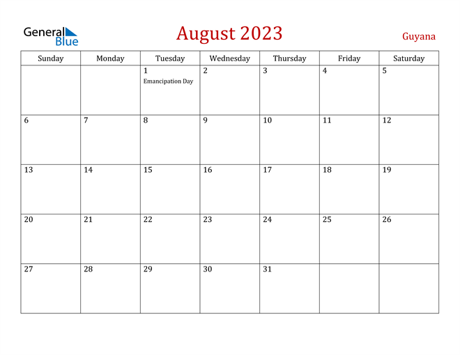 Guyana August 2023 Calendar with Holidays