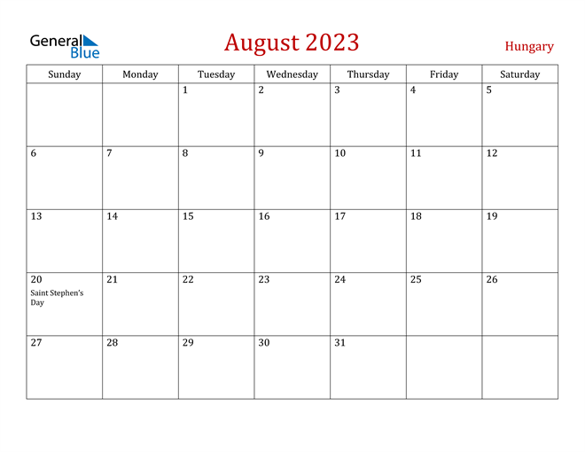 Hungary August 2023 Calendar