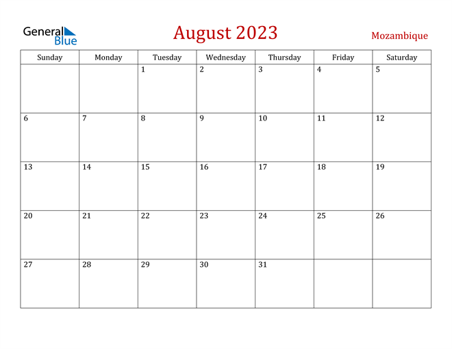Mozambique August 2023 Calendar