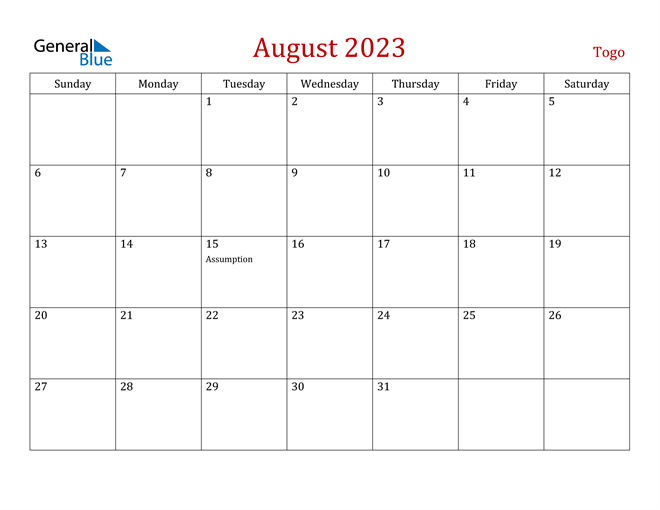 Togo August 2023 Calendar