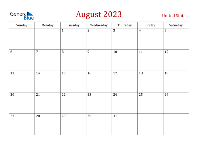 United States August 2023 Calendar with Holidays