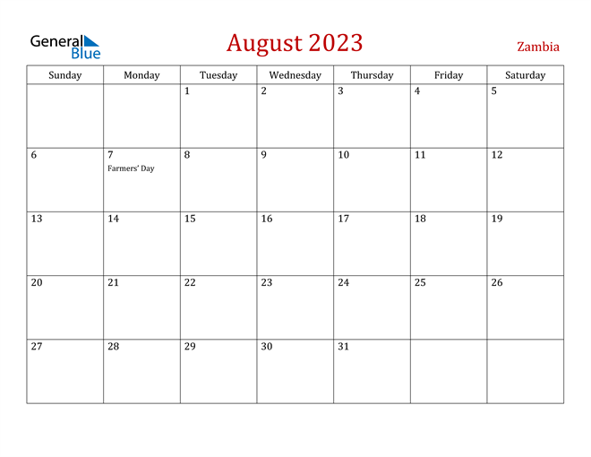 Zambia August 2023 Calendar
