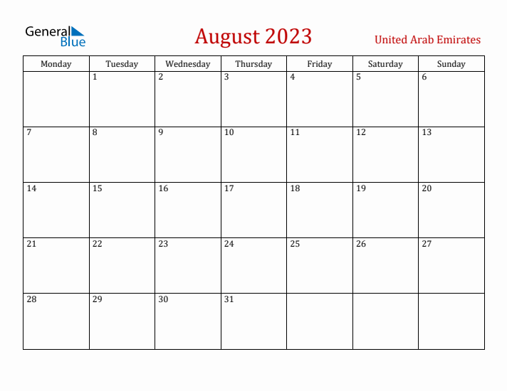 United Arab Emirates August 2023 Calendar - Monday Start