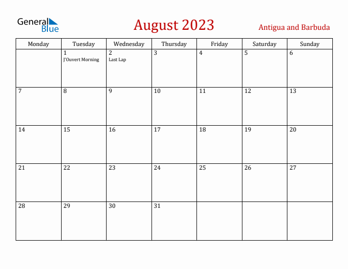 Antigua and Barbuda August 2023 Calendar - Monday Start