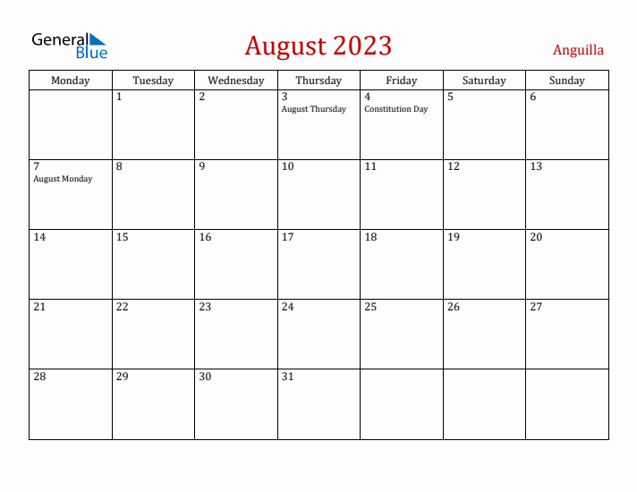 Anguilla August 2023 Calendar - Monday Start