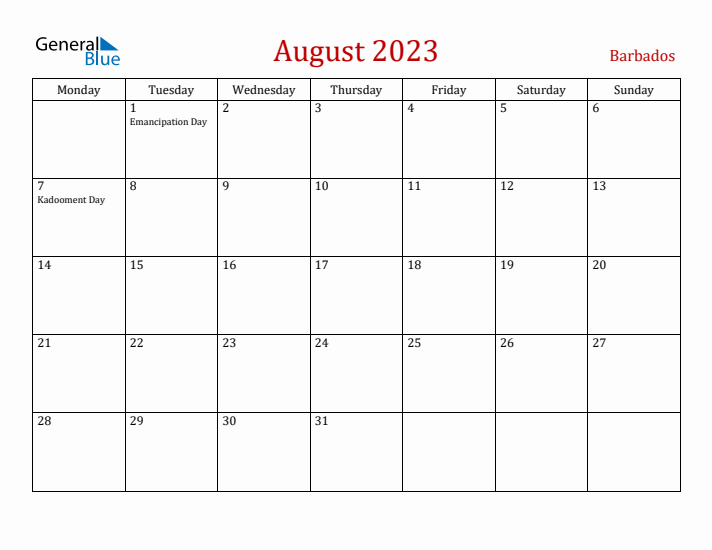 Barbados August 2023 Calendar - Monday Start