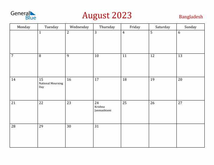Bangladesh August 2023 Calendar - Monday Start