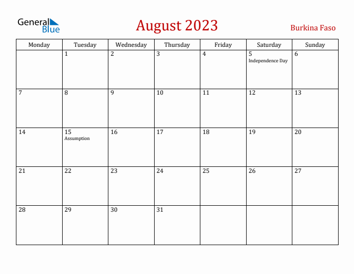 Burkina Faso August 2023 Calendar - Monday Start