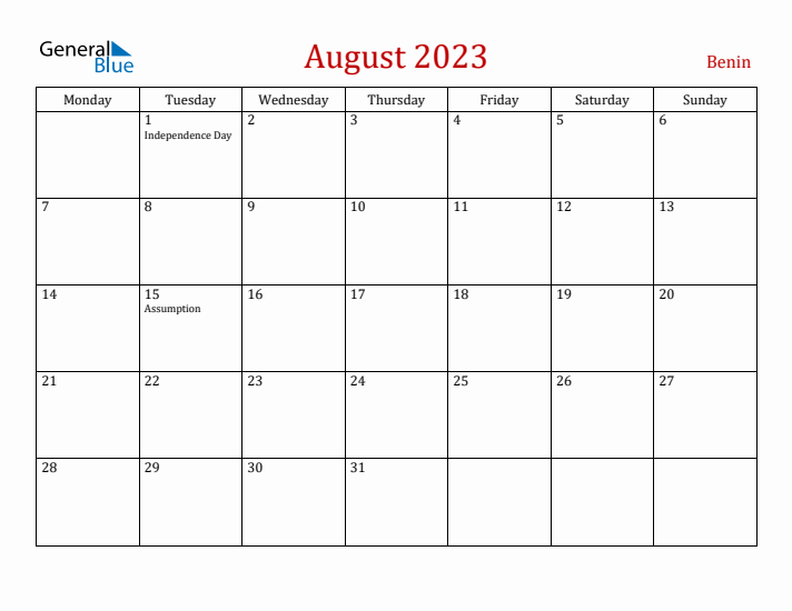 Benin August 2023 Calendar - Monday Start